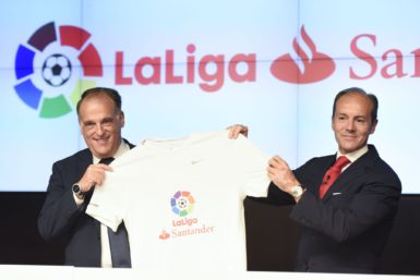 Javier Tebas, presidente de la Liga, y Rami Aboukhair, primer ejecutivo de Santander España.