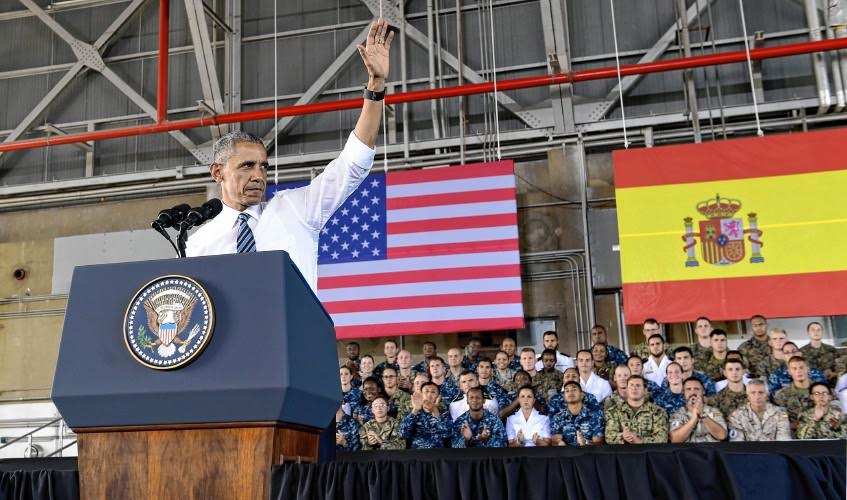 President Barack Obama speaks to troops during a visit to Naval Station Rota in Cadiz, Spain, Sunday, July 10, 2016. Obama made a brief visit to Madrid and Naval Station Rota before heading back to Washington following the NATO Summit in Warsaw, Poland. (AP Photo/Susan Walsh)