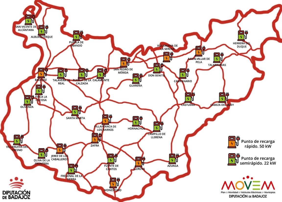 Puntos de recarga previstos en la provincia de Badajoz.