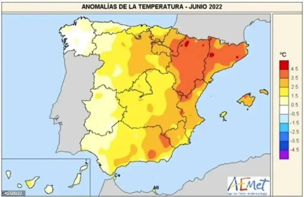Mapa de las anomalías de la temperatura en el mes de junio de 2022 AEMET