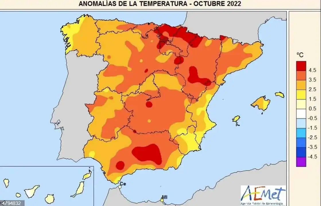 Anomalías térmicas en octubre de 2022 según el balance climático de AEMET Foto: AEMET