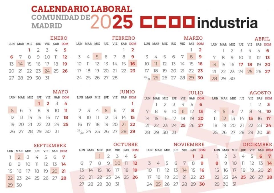 Calendario laboral de 2025: 12 días festivos más otros dos locales ...